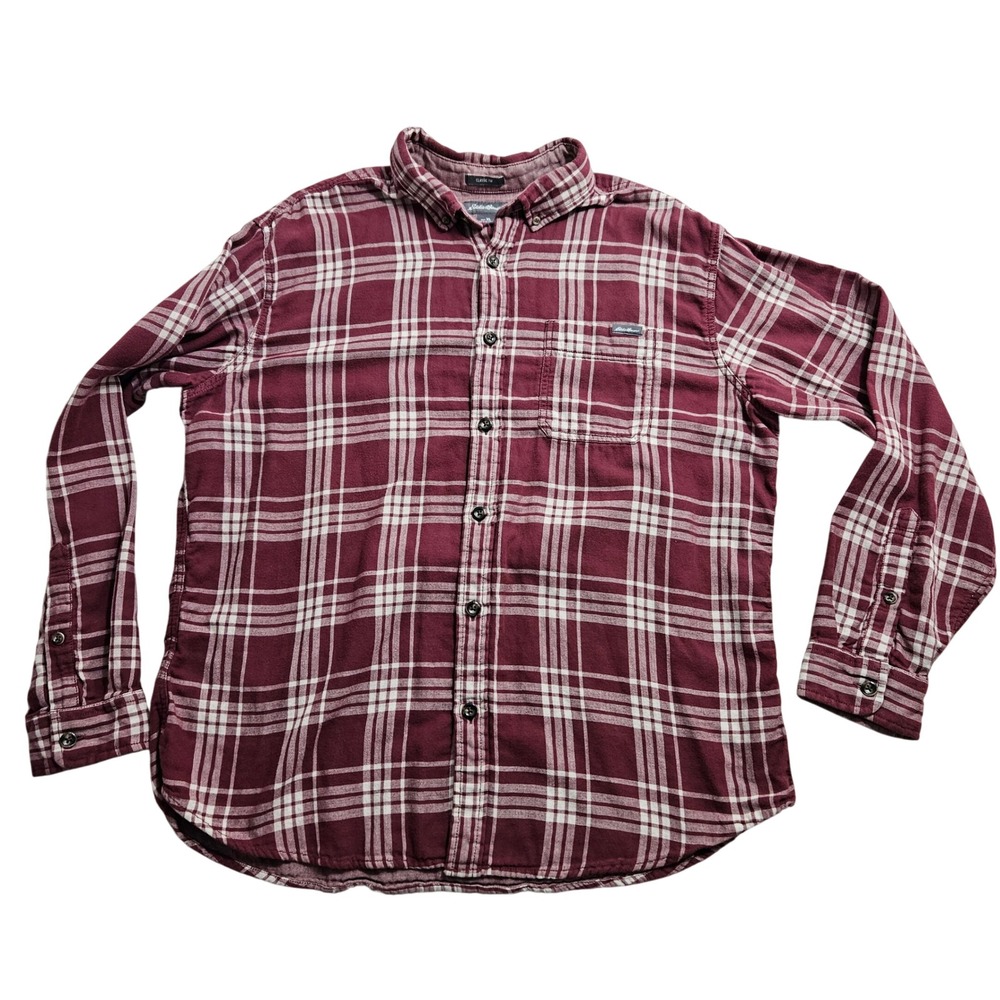 Eddie Bauer Mens XL Classic Fit Burgundy Plaid Long Sleeve Button Down Shirt‎